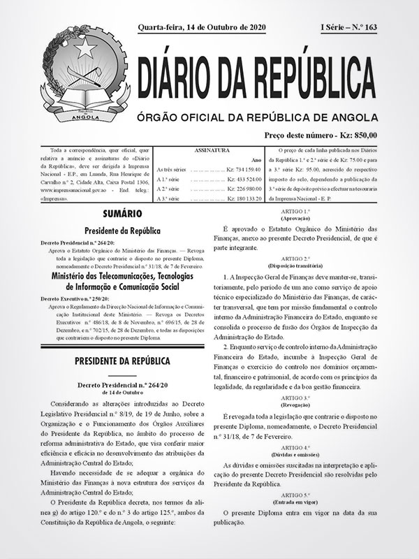 D.P n.º 264/20 Estatuto Orgânico MinFin