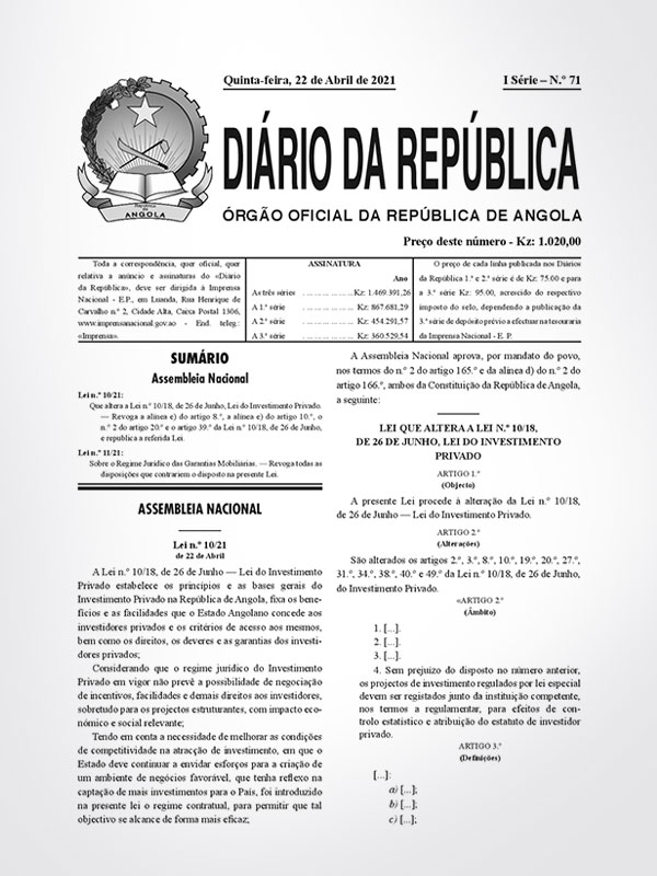 Lei n.º 11/21 - Regime Juridico das Garantias Mobiliárias