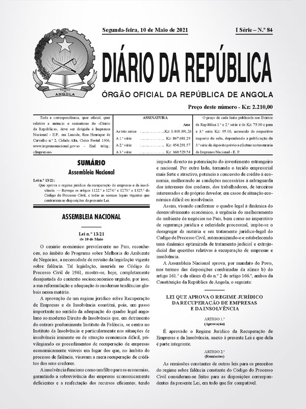 Lei n.º 13/21 - Regime Jurídico da Insolvência