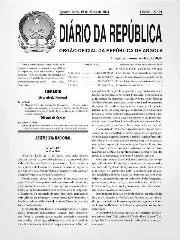 Lei n.º 14/21 - Regime Geral das Instituições Financeiras