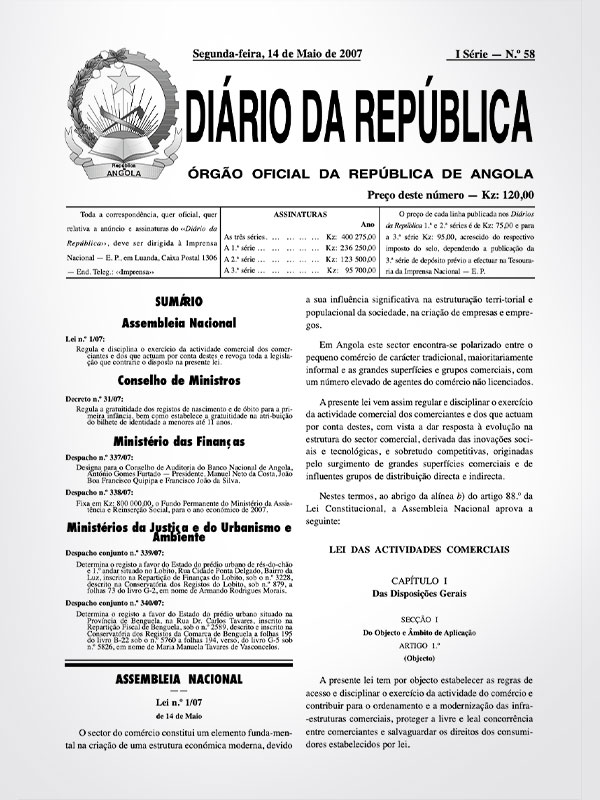 Lei n.º 1/70 - Lei das Actividades Comerciais