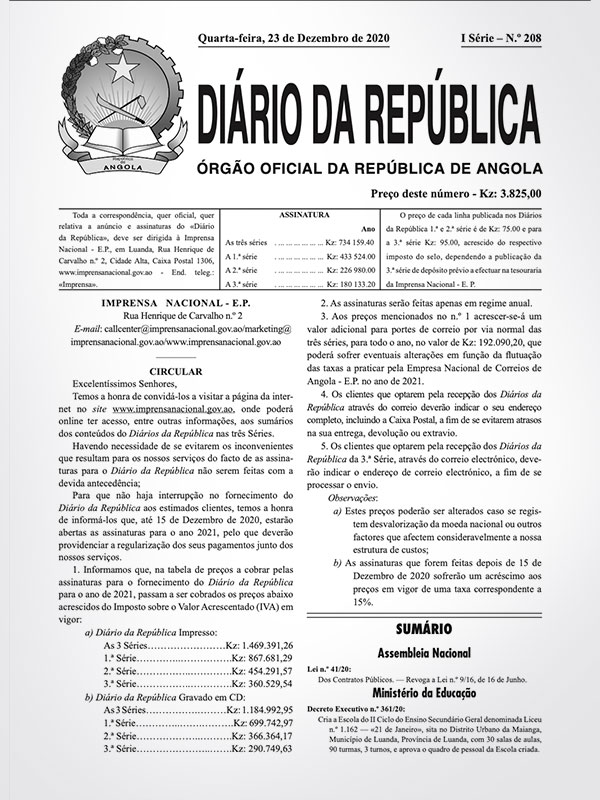 Lei n.º 41/20 - Lei dos Contratos Públicos