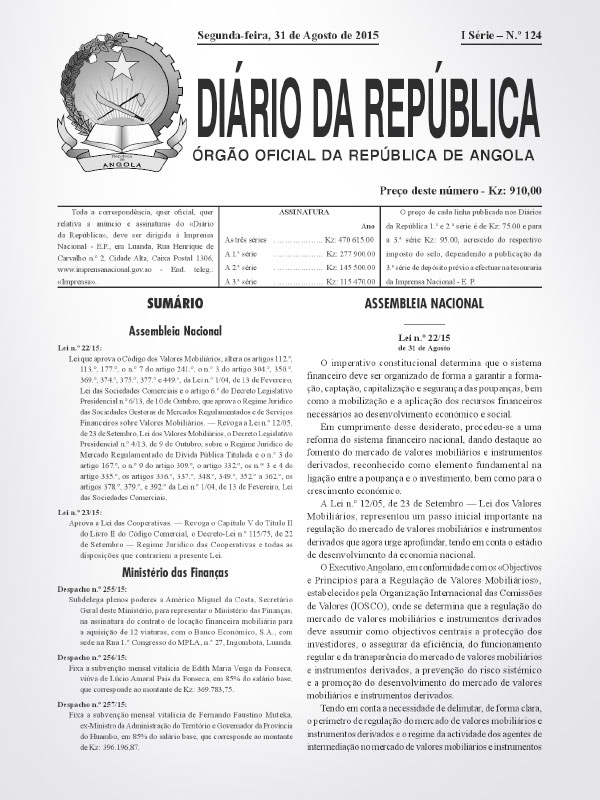 Lei n.º 23/15 - Lei das Cooperativas
